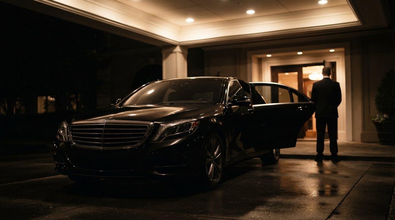 A clean, freshly detailed black executive sedan stopped at night under the lit portico of a well-kept venue entrance, angled