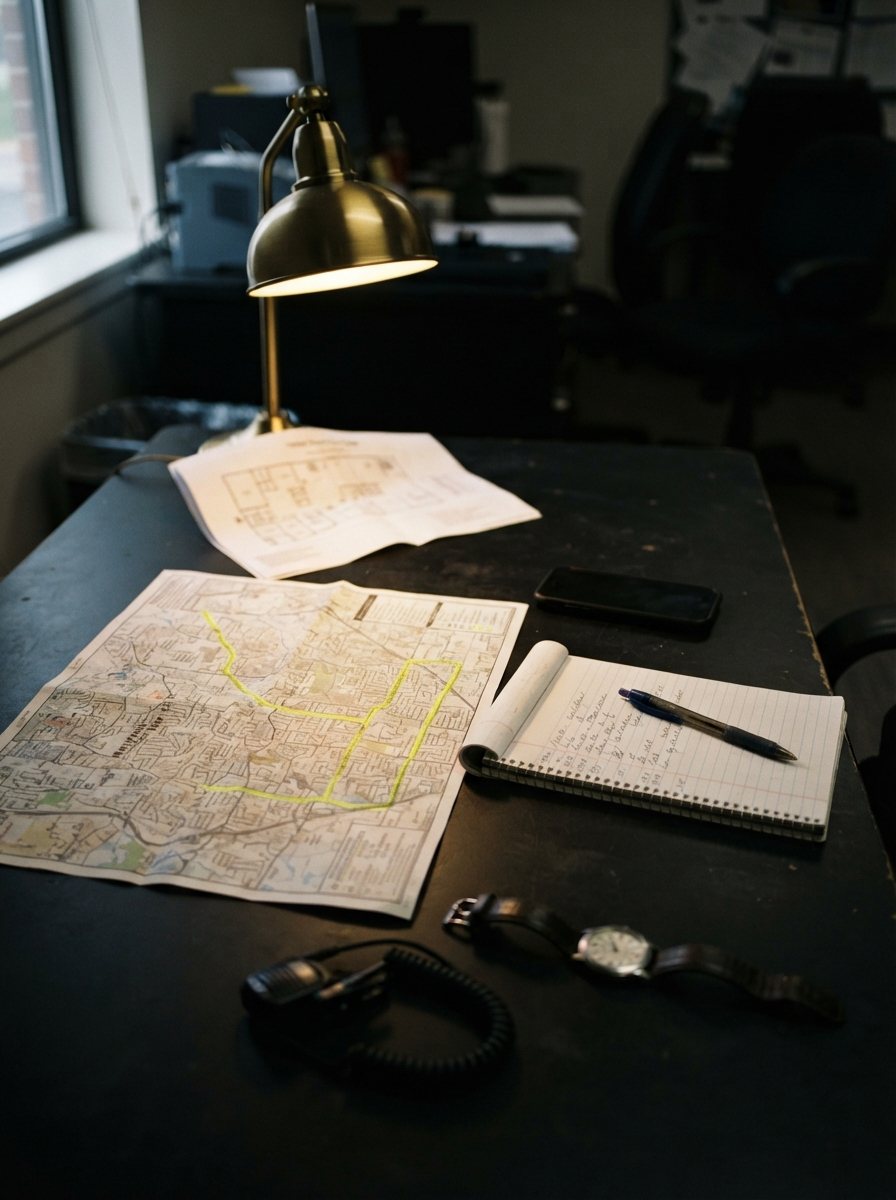 A printed street map spread on a dark desk under a single low desk lamp, a route traced along it in highlighter, a legal pad